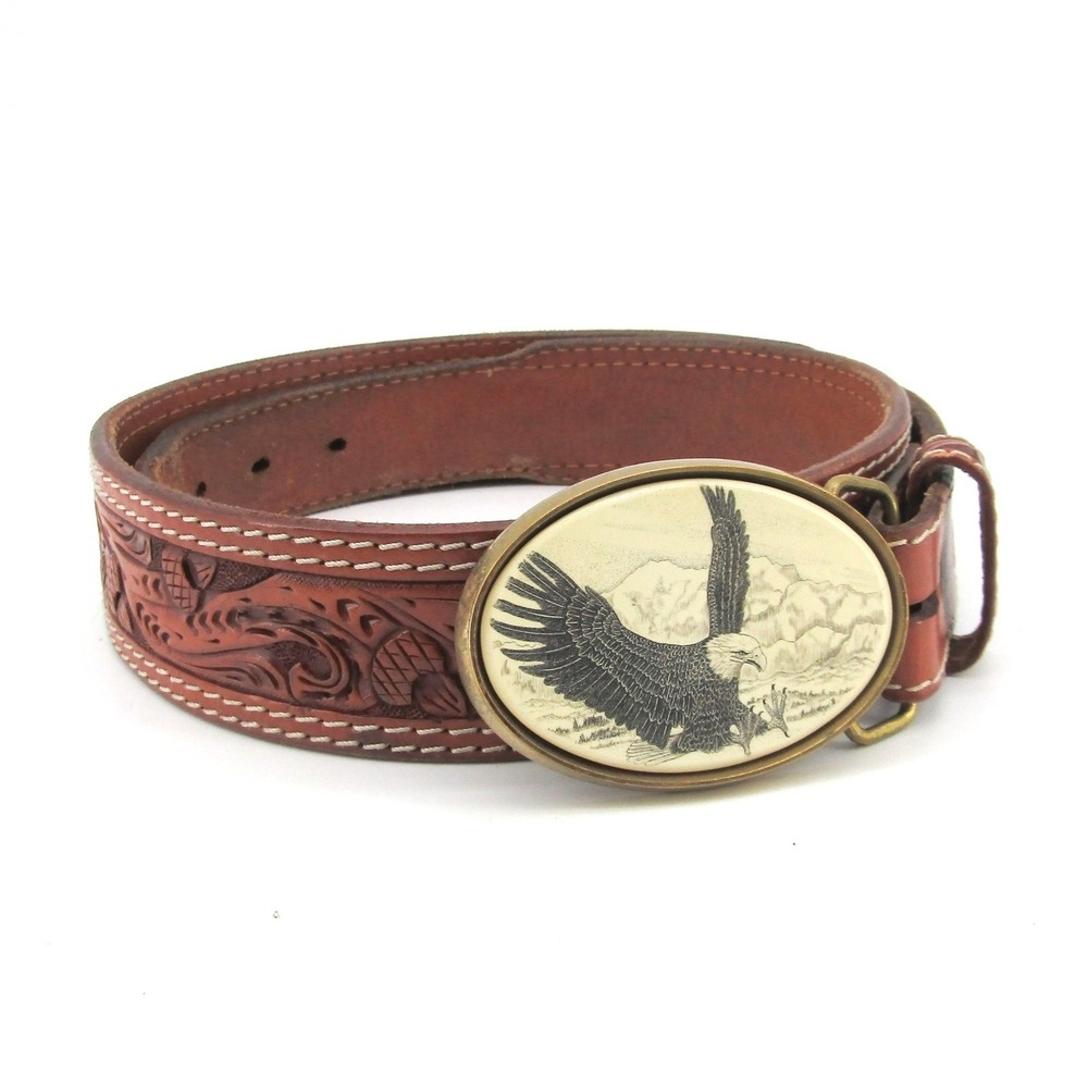Barlow Brass Buckle 3-D Belt Co Mens 36 Brown Handtooled Leather Western Eagle